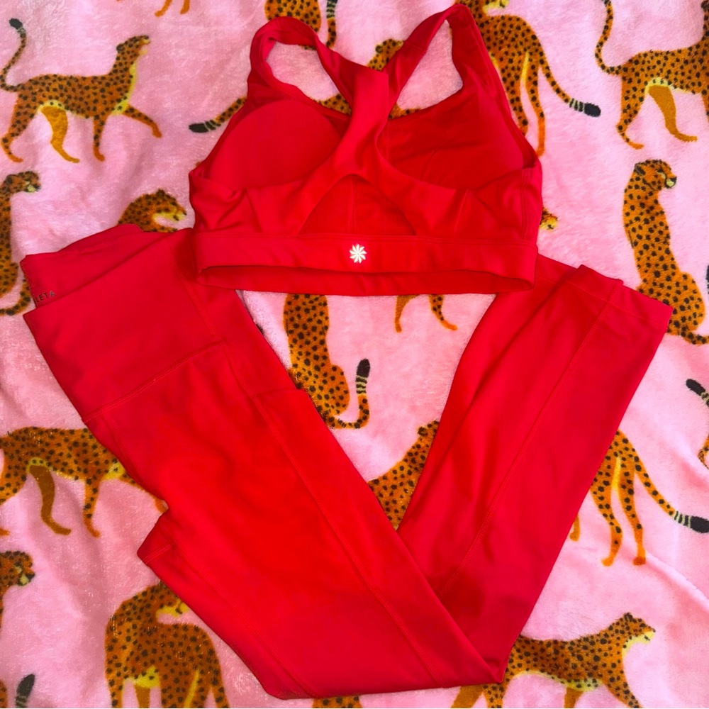 Athleta Bright Red Ultimate Stash Pocket Leggings and Sports Bra Set Size XS/XXS